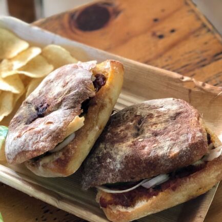 Ciabatta with Tomato Relish, Mozzarella, Bell Pepper and Onions